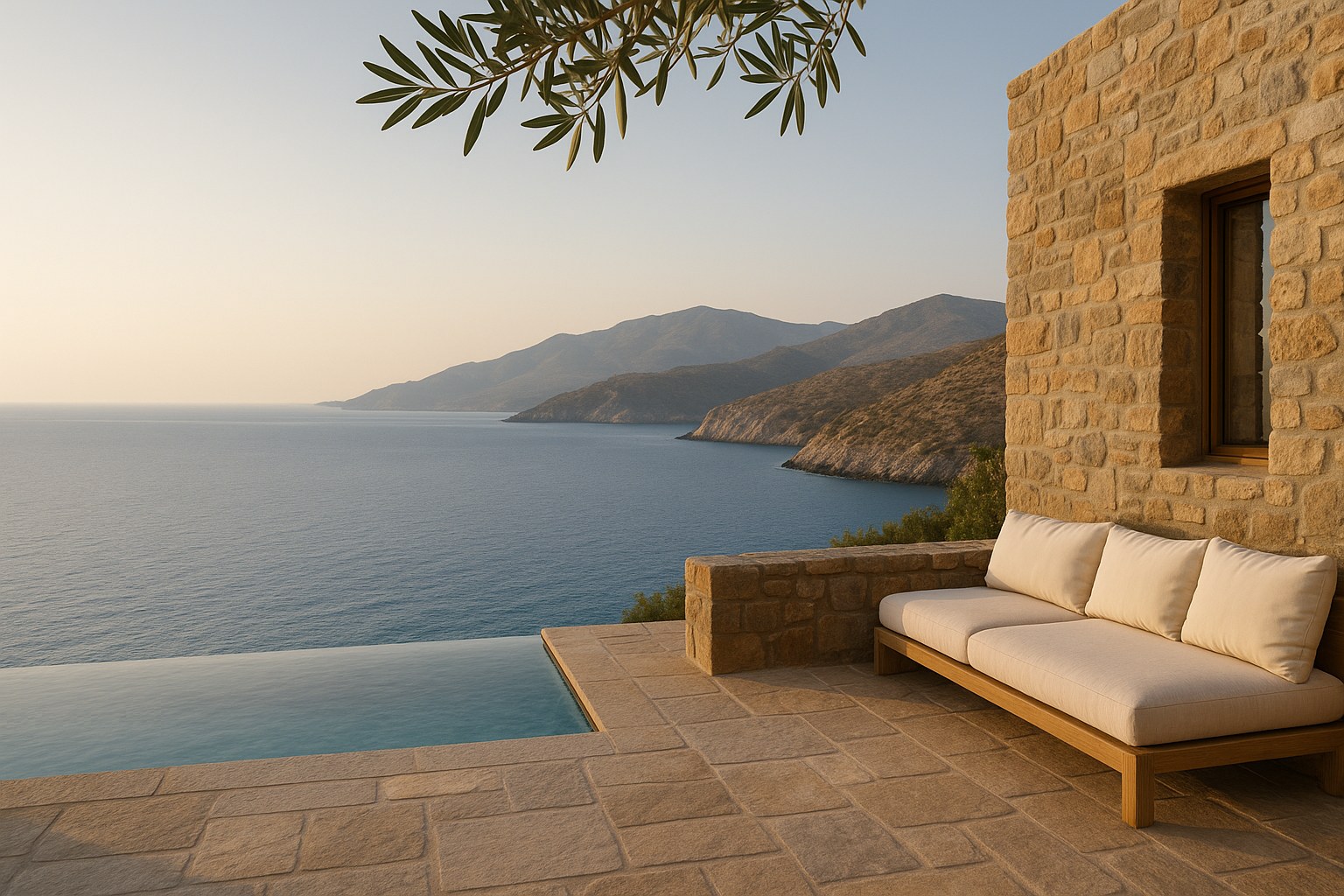 Seafront villa in Greece at golden hour